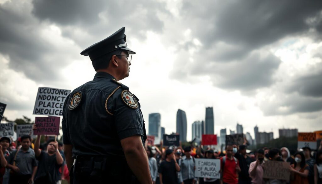 A dramatic scene depicting the controversial police policies in Indonesia, illustrating a police officer in professional attire standing resolutely at a protest. In the foreground, a diverse group of demonstrators holds signs expressing their opinions, showcasing a range of emotions from anger to solidarity. The middle ground features a tense interaction between the police and the public, capturing the rising stakes of the situation. In the background, a city skyline under a cloudy sky adds a somber mood, symbolizing the national political climate. The lighting is moody and overcast, with light filtering through the clouds to create a stark contrast. The angle of view is slightly elevated, enhancing the gravity of the scene while remaining respectful and professional, encapsulating the essence of current political discourse and controversy. A dramatic scene depicting the controversial police policies in Indonesia, illustrating a police officer in professional attire standing resolutely at a protest. In the foreground, a diverse group of demonstrators holds signs expressing their opinions, showcasing a range of emotions from anger to solidarity. The middle ground features a tense interaction between the police and the public, capturing the rising stakes of the situation. In the background, a city skyline under a cloudy sky adds a somber mood, symbolizing the national political climate. The lighting is moody and overcast, with light filtering through the clouds to create a stark contrast. The angle of view is slightly elevated, enhancing the gravity of the scene while remaining respectful and professional, encapsulating the essence of current political discourse and controversy.