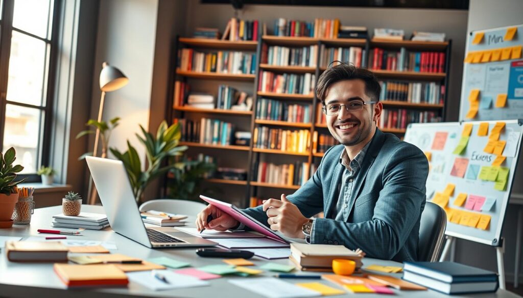 A modern workspace filled with digital creativity. In the foreground, a smiling young entrepreneur in professional business attire, sitting at a sleek desk with a laptop, sketching ideas on a digital tablet. Surrounding them are colorful post-it notes, design mockups, and a vibrant mood board showcasing innovative concepts. In the middle ground, a stylish bookshelf filled with books on entrepreneurship and digital marketing. A large window in the background lets in warm, natural light, illuminating the space and casting soft shadows. The atmosphere is inspiring and dynamic, reflecting a bright future for digital creative businesses. The overall color palette is vibrant and engaging, evoking a sense of optimism and opportunity.