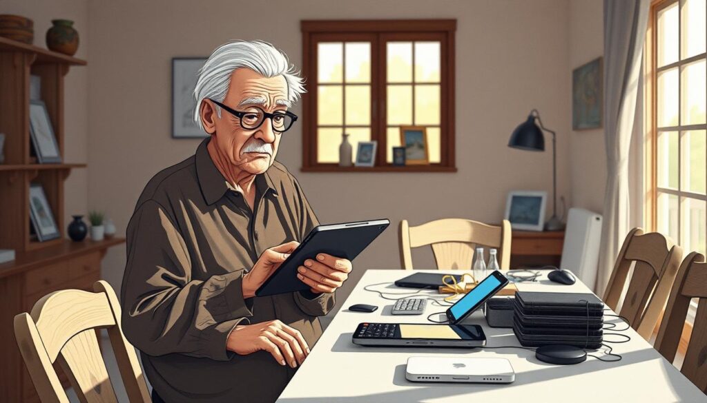 A poignant illustration of the digital divide impacting elderly individuals, set in a cozy home environment. In the foreground, an elderly person in modest casual clothing, looking contemplative and slightly confused while using a tablet. The middle ground features a cluttered dining table with various digital devices, highlighting the gap between technology and the older generation. In the background, a window lets in soft afternoon light, illuminating the space and casting gentle shadows, creating a warm yet somber atmosphere. The scene subtly conveys the challenges faced by seniors in adapting to digital solutions in a rapidly changing world, emphasizing the emotional weight of this social issue.