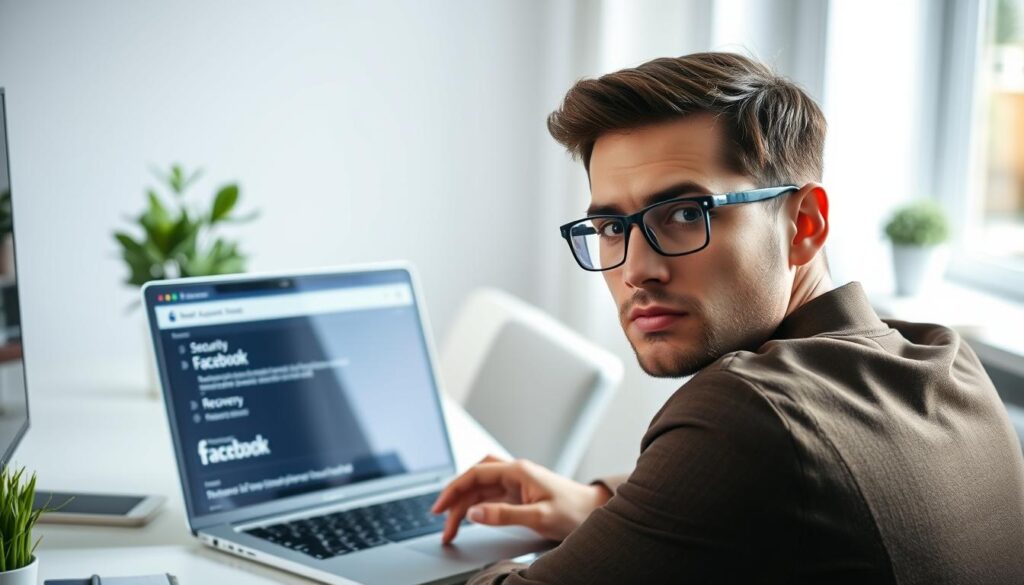 A professional individual sitting at a desk in a bright, modern office, engaged in the process of unlocking a Facebook account on a laptop. The foreground features a close-up of their focused face as they navigate the Facebook recovery page, displaying a look of determination. The middle ground shows the laptop with the Facebook interface visible, emphasizing security questions and the recovery email being typed. Background elements include a well-organized workspace, with a plant and a notepad, suggesting a productive atmosphere. Soft, natural lighting illuminates the scene, creating a sense of calmness and concentration. The overall mood is focused and positive, reflecting the theme of overcoming digital challenges.