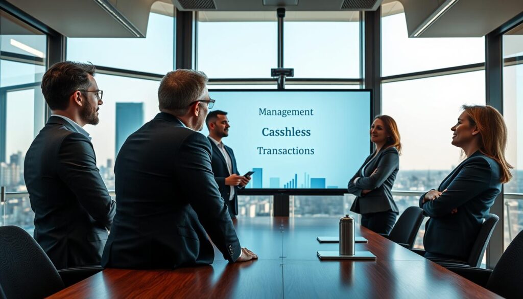 A professional meeting room with a sleek, modern design. In the foreground, a group of diverse business professionals—two men and two women—are engaged in a discussion. They are dressed in business attire, exuding a sense of collaboration and urgency. In the middle, a large screen displays a clear, visually engaging presentation on cashless transactions, emphasizing the management's policies. The background features large windows overlooking a city skyline, allowing natural light to flood the space, creating an atmosphere of transparency and openness. The color palette is composed of calming blues and greens, promoting a sense of trust and innovation. The camera angle captures the intensity of the discussion, focusing on the expressions of the participants, conveying determination and commitment to their cashless policy.