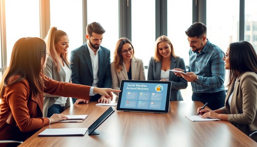 A professional setting showcasing a diverse group of people gathered around a large conference table, engaged in a collaborative discussion about social media account recovery. In the foreground, a well-dressed woman points to a digital tablet displaying a step-by-step guide on account recovery. In the middle, other team members, dressed in smart casual attire, take notes and share ideas, with expressions of focus and determination. The background features a bright, modern office with large windows, allowing natural light to illuminate the scene, creating an optimistic atmosphere. Use a warm color palette to emphasize camaraderie and support as they tackle the challenge of unlocking social media accounts. Capture the image from a slightly elevated angle to provide a comprehensive view of the team dynamic.