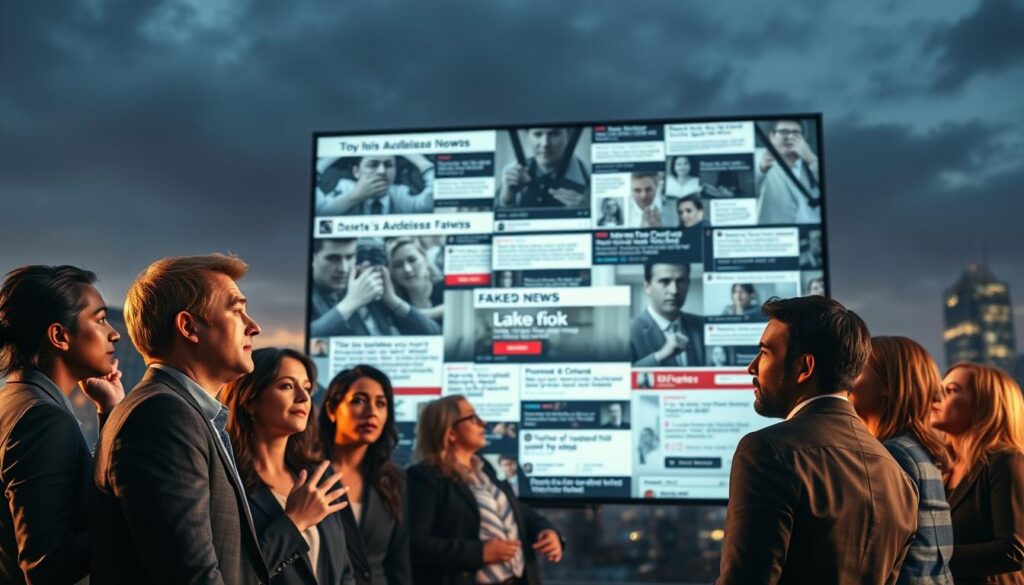 A thought-provoking visualization of political disinformation and hoaxes. In the foreground, a group of diverse individuals engaged in animated discussion, wearing professional business attire, showcasing a mix of concern and confusion. Their expressions and gestures highlight the uncertainty caused by misinformation. In the middle ground, a large digital screen displays ambiguous news headlines and social media posts, illustrating the chaotic nature of fake news. The background features a modern city skyline under moody twilight lighting, symbolizing the impact of disinformation on society. The overall atmosphere is tense yet hopeful, with warm colors contrasting the cool hues of the screen, suggesting the quest for truth amidst confusion. The angle is slightly tilted upward, conveying urgency and the need for vigilance. A thought-provoking visualization of political disinformation and hoaxes. In the foreground, a group of diverse individuals engaged in animated discussion, wearing professional business attire, showcasing a mix of concern and confusion. Their expressions and gestures highlight the uncertainty caused by misinformation. In the middle ground, a large digital screen displays ambiguous news headlines and social media posts, illustrating the chaotic nature of fake news. The background features a modern city skyline under moody twilight lighting, symbolizing the impact of disinformation on society. The overall atmosphere is tense yet hopeful, with warm colors contrasting the cool hues of the screen, suggesting the quest for truth amidst confusion. The angle is slightly tilted upward, conveying urgency and the need for vigilance.