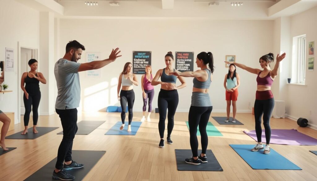 A well-lit indoor fitness environment showcasing a diverse group of beginners engaging in safe exercise movements. In the foreground, a male and female participant demonstrate gentle stretches and basic bodyweight exercises, both dressed in modest activewear. In the middle ground, a small group of learners follow along under the guidance of a supportive instructor, emphasizing correct form and posture. The background features exercise mats, light gym equipment, and motivational posters promoting fitness. Soft, natural lighting illuminates the scene, creating an inviting and encouraging atmosphere. The overall mood is warm and inclusive, ideal for inspiring beginners to embark on their fitness journey safely.
