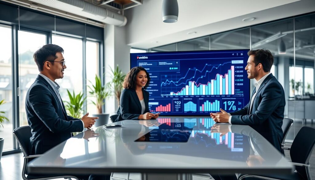A professional business environment showcasing the benefits of technology in business growth. In the foreground, a diverse group of three professionals—an Asian man, a Black woman, and a Caucasian man—are collaboratively discussing around a sleek conference table, all dressed in smart business attire. In the middle ground, a large screen displays dynamic graphs and analytics, symbolizing data-driven decisions and rapid growth. The background features a modern office space with glass walls, plants, and natural light streaming in, creating an inspiring atmosphere. Soft, bright lighting enhances the optimistic mood, and the image is taken from a slightly elevated angle to capture the engaged expressions of the group as they connect and innovate.